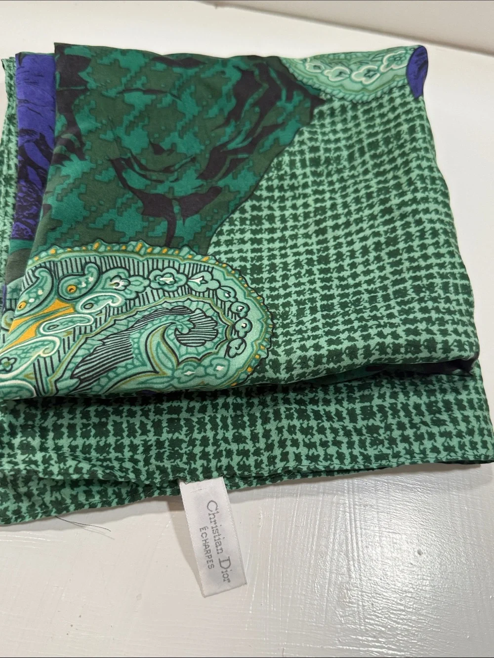 Christian Dior vintage Green Two-Tone Paisley Silk Scarf 🧣 with Purple Flowers